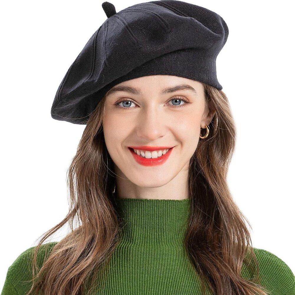 French Beret hat, Reversible Solid Color Cashmere Knit Warm Beret Cap for Womens
